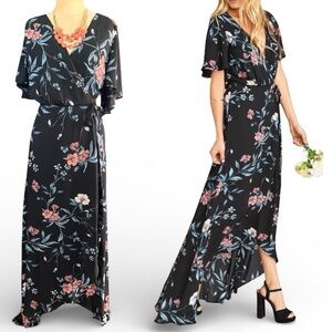 Show Me Your MuMu Sophia Black and Pink Floral Print High Low Wrap Maxi Dress- X